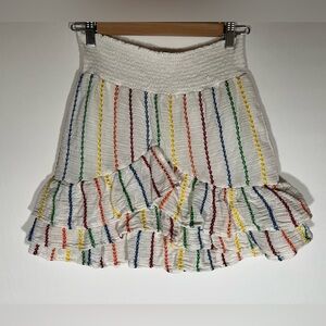 Place Nationale white rainbow striped gauzy festival mini skirt sz M elastic